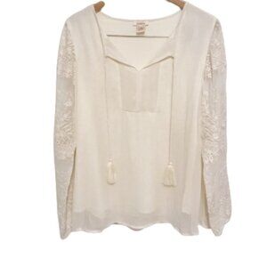 Sundance Embroidered Lace Sleeve Tassel Blouse S